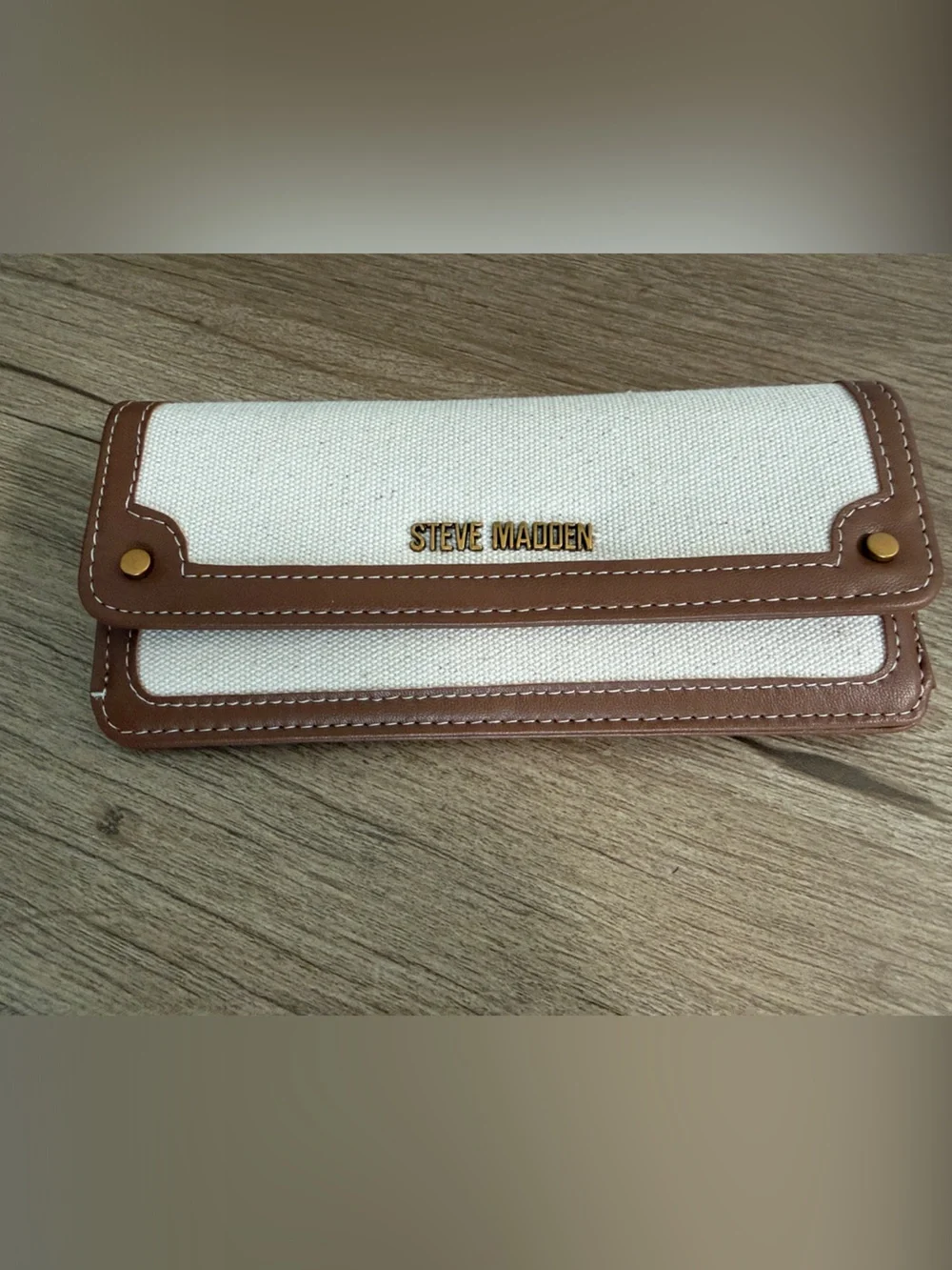 Steve Madden Cream Canvas Wallet with Brown Trim and Gold Logo